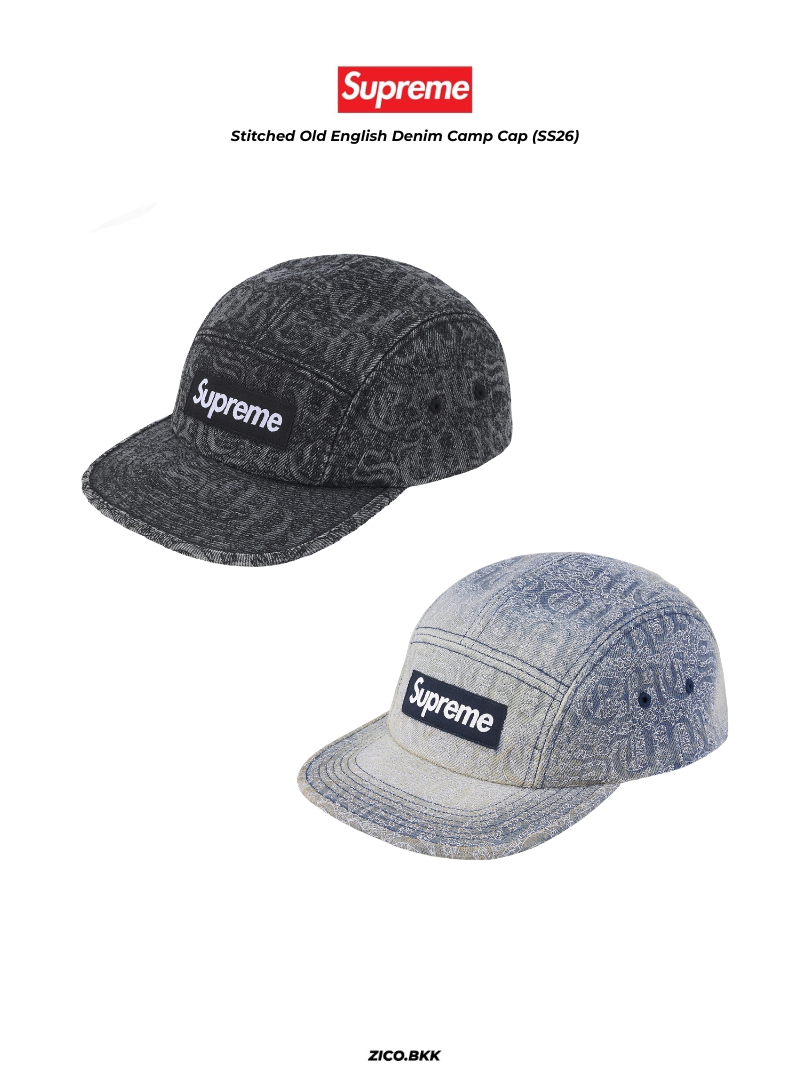 Supreme Stitched Old English Denim Camp Cap (SS26) – zico.bkk