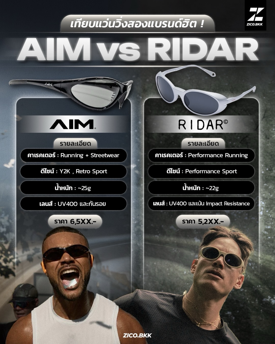 Ridar Fever VS AIM Sunnies แว่นวิ่ง เทียบรุ่น performance running street running ZICO.BKK