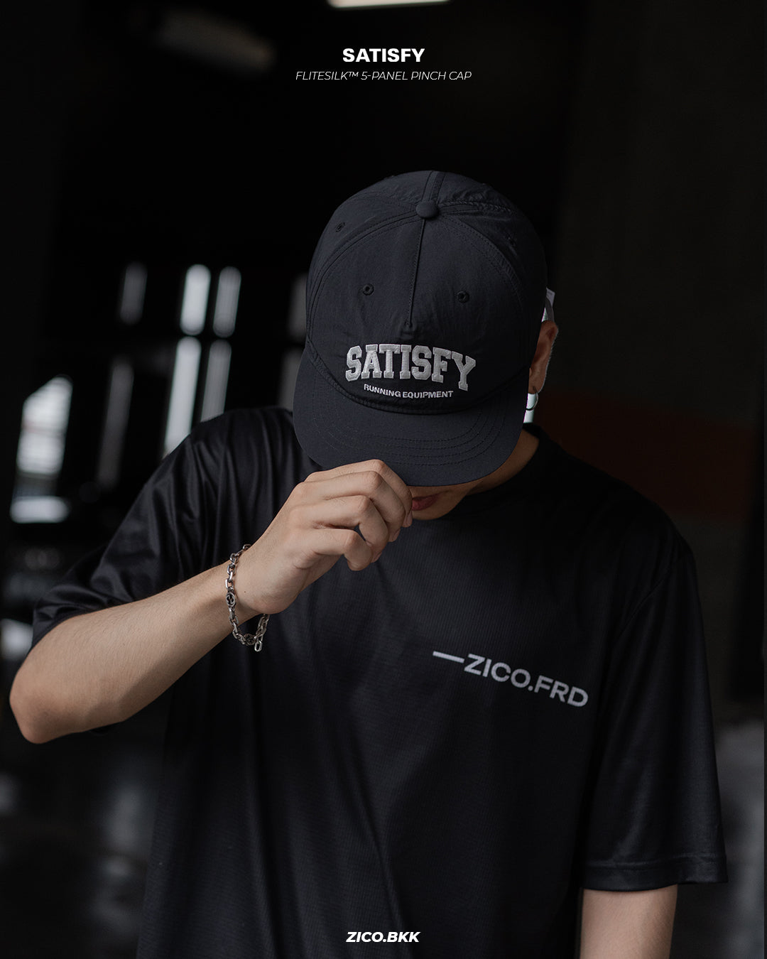 Satisfy FliteSilk 5-Panel Pinch Cap Black close up review by ZICO.BKK