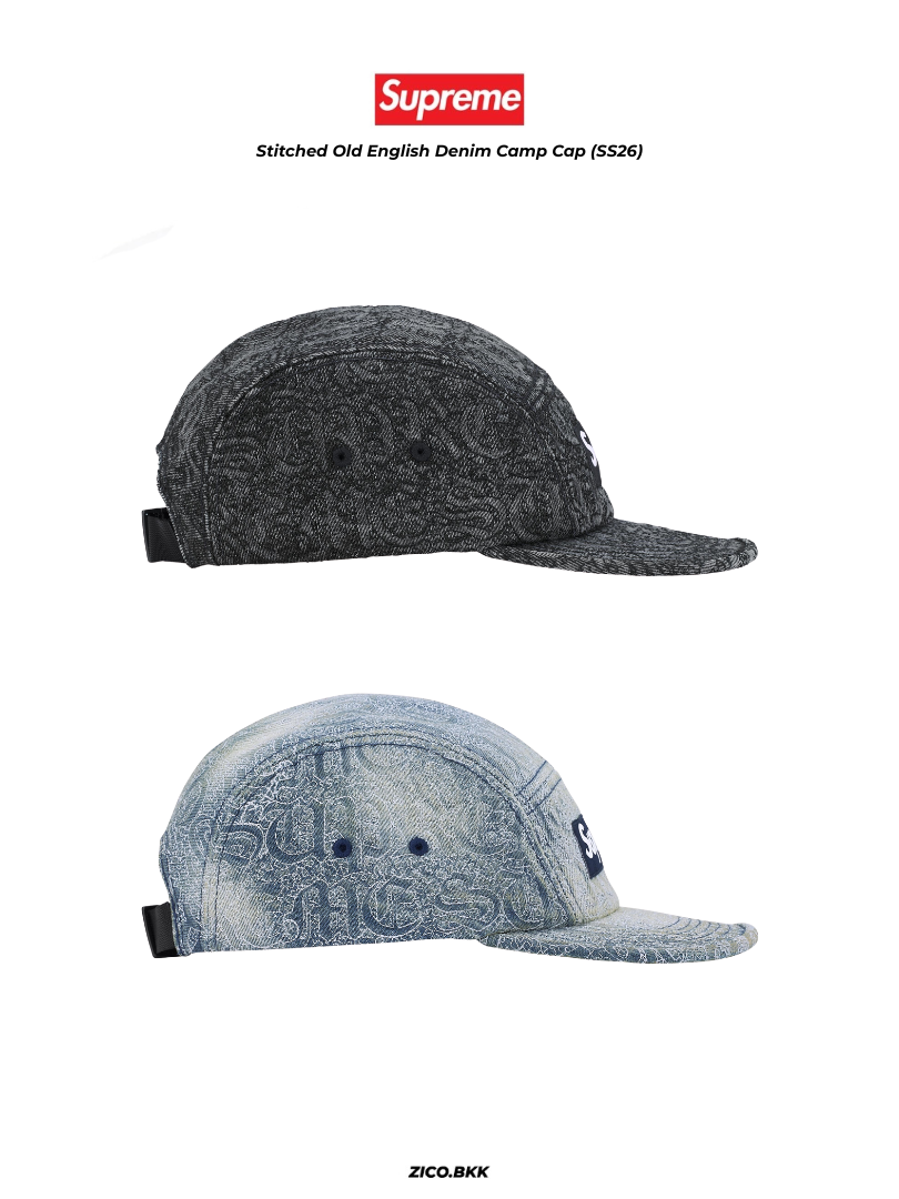 Supreme Stitched Old English Denim Camp Cap (SS26) – zico.bkk