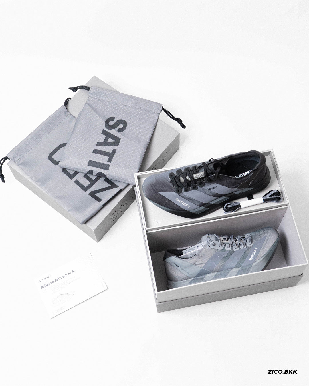 Adidas x SATISFY Adizero Adios Pro 4 Black box and accessories - ZICO.BKK