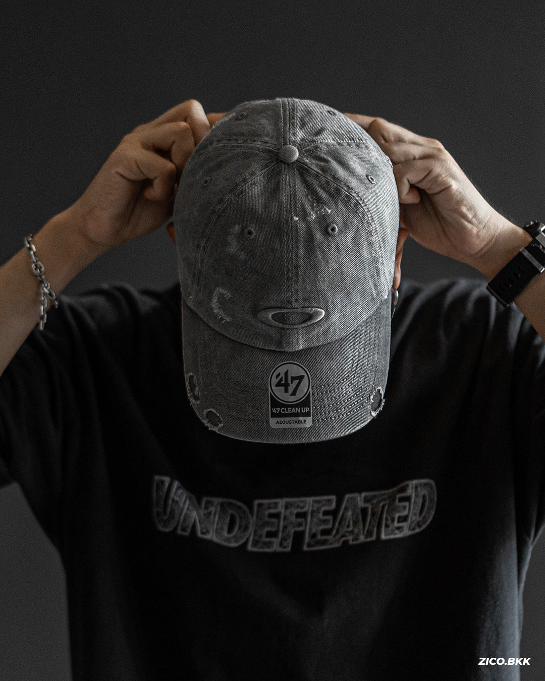 Oakley '47 Reserve Distressed Cap - Granite Gray on-body front alternate | ZICO.BKK