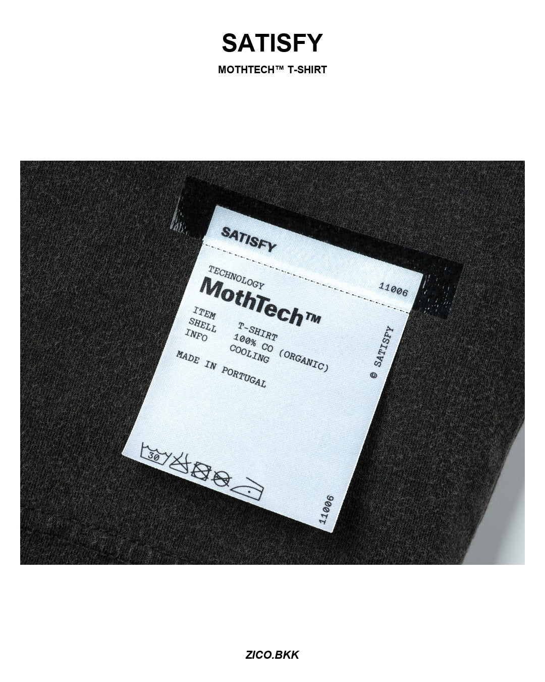 Satisfy MothTech T-Shirt Running Equipment Aged Black care label detail from SATISFY web source - ZICO.BKK