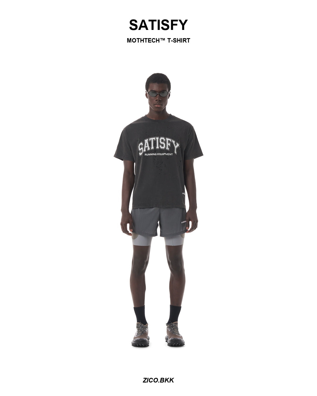 Satisfy MothTech T-Shirt Running Equipment Aged Black model front from SATISFY web source - ZICO.BKK