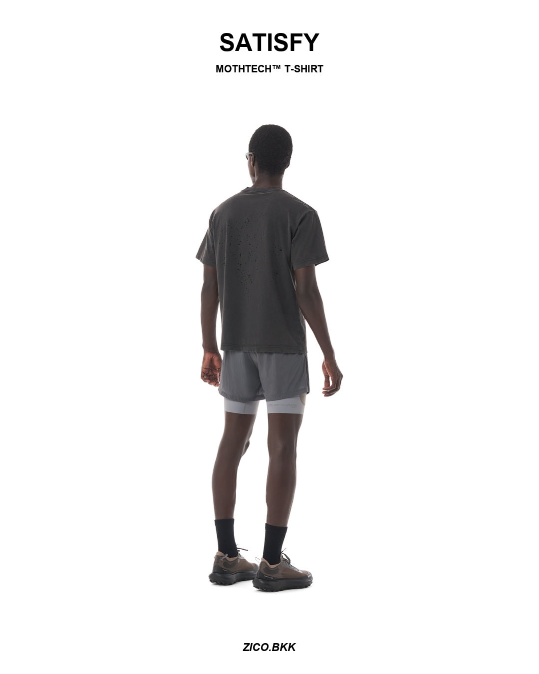 Satisfy MothTech T-Shirt Running Equipment Aged Black model back from SATISFY web source - ZICO.BKK