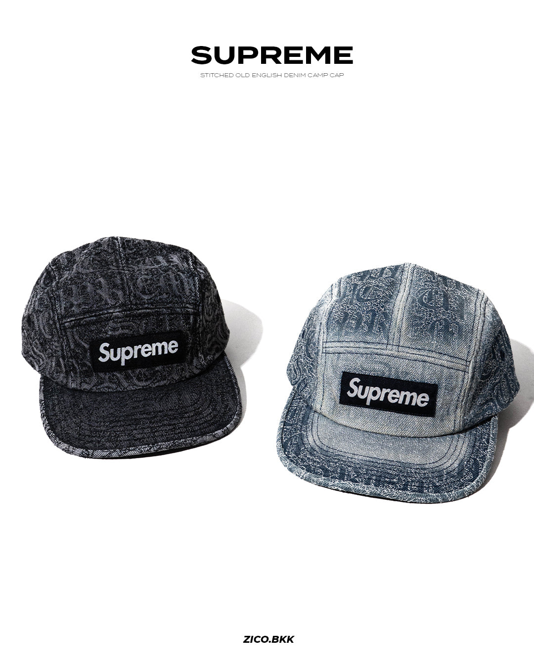 Supreme Stitched Old English Denim Camp Cap (SS26) | Cap | ZICO