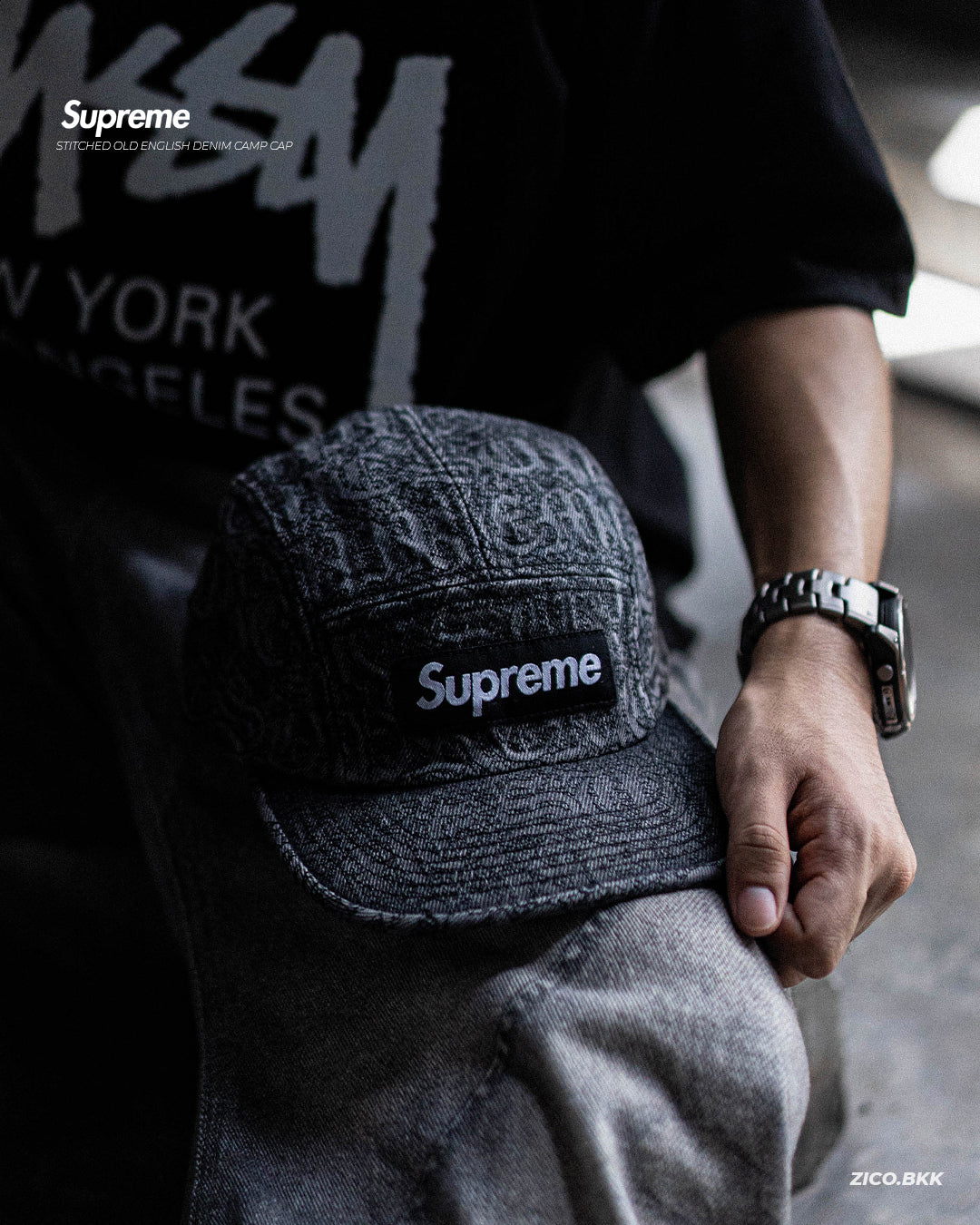Supreme Stitched Old English Denim Camp Cap (SS26) | Cap | ZICO