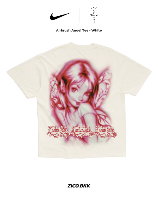 Nike x Travis Scott Cactus Jack Airbrush Angel T-Shirt White back product-first image with compact Nike and Cactus Jack logos
