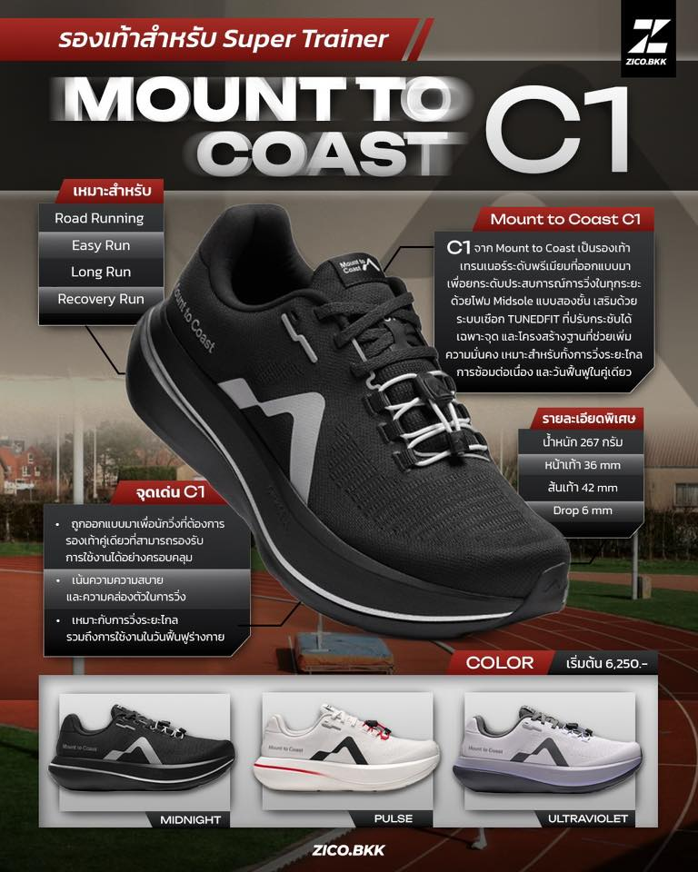 Mount to Coast C1 Midnight รองเท้าวิ่ง Super Trainer สีดำสำหรับ Road Running