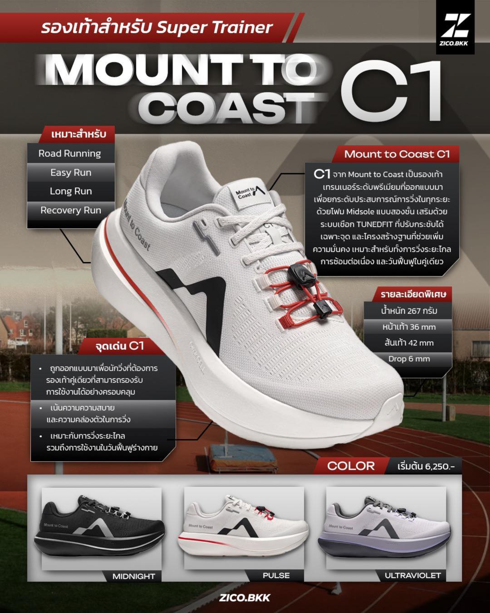 Mount to Coast C1 Pulse รองเท้าวิ่ง Super Trainer สำหรับ Road Running Easy Run Long Run และ Recovery Run