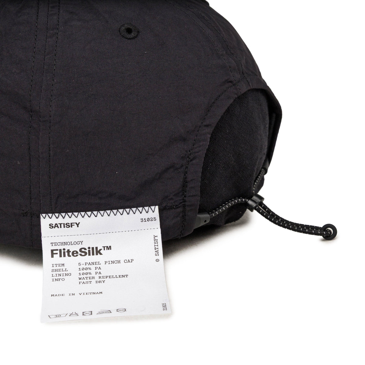 Satisfy FliteSilk 5-Panel Pinch Off Road Cap in Black, embroidery detail